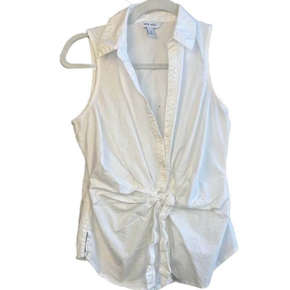 Nine West White Sleeveless Button-Up Front Tie Blouse